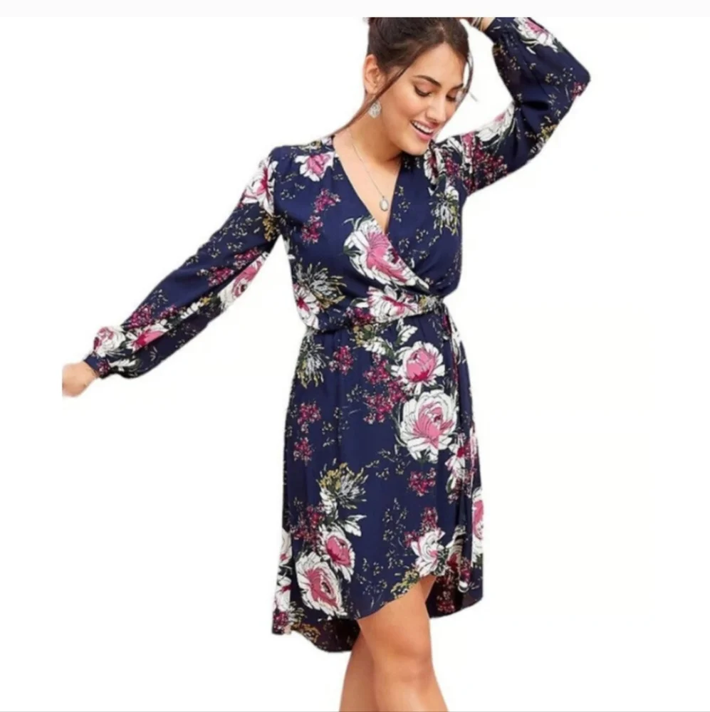 Floral Wrap Dress in Navy and Pink - Picture 1 of 7